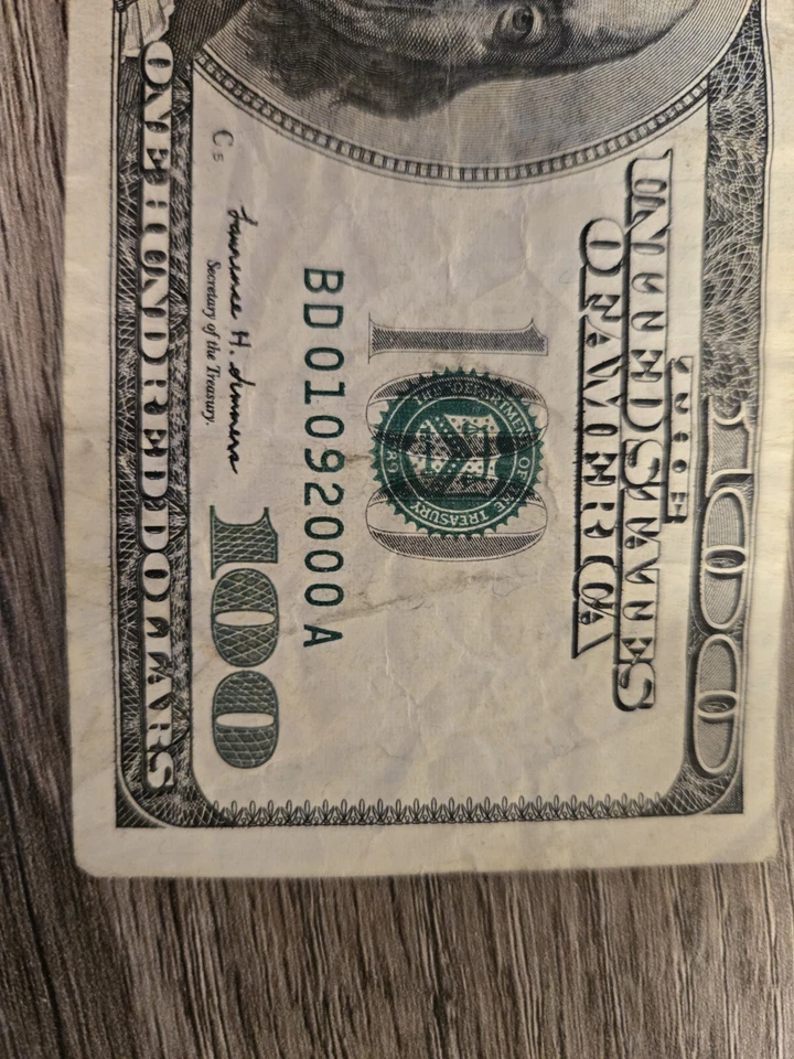 $100 Birthday Note, Anniversary, Special Occasion, Fancy Serial Number, 01092000 - Image 2 of 4