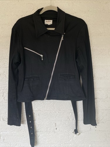 BCBG Paris Sportswear Black Cotton Blend Belted Zippers Moto Jacket Medium - Picture 2 of 6