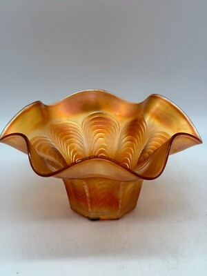 Vintage Fenton Marigold Carnival Glass Peacock Tail Ruffled Edge Bowl Feathered 