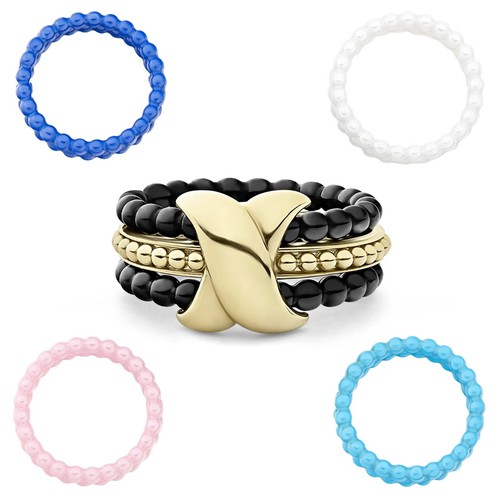 LAGOS Meridian X Stacking Ring Set 18K Yellow Gold & Ceramic Size 7 - Picture 1 of 10