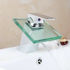 Deck Mount Bathroom Waterfall Glass Spout Basin Vessel Sink Mixer Faucet Taps