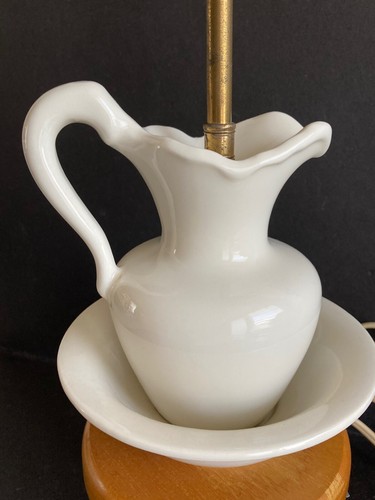 Vintage Ceramic Pitcher-Bowl on Wooden Three-Leg-Base 13" w/o Shade - Picture 3 of 11