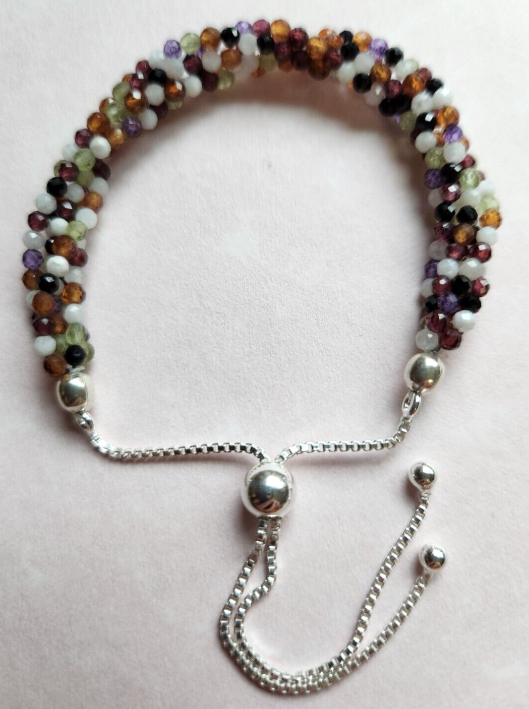 925 Sterling 5-Strand Mixed Gemstone Bolo Adjustable Bracelet 9.5 Inches