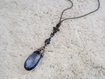 ROBERT ROSE Gunmetal Blue Bead Drop Pendant Necklace (A66)