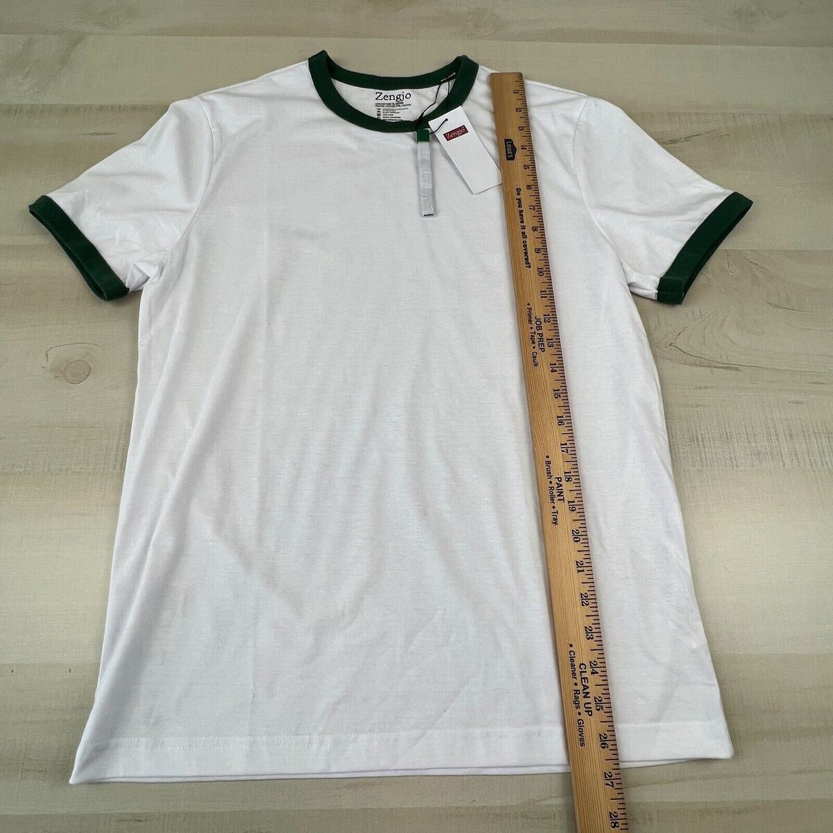 Zengjo Mens Shirt Small White Green Trim Neck Retro Tee Zengjo Mens Shirt Small White Green Trim Neck Retro Tee