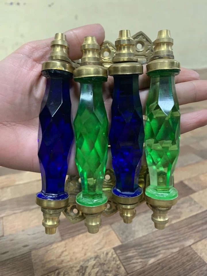 Manija de puerta de latón de vidrio verde y azul cobalto estilo antiguo de 5,5"" cristal/cortado 4 piezas Foto 2 de 4