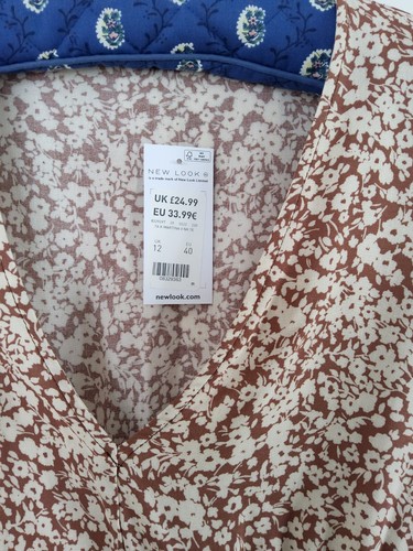 NEW LOOK TALL Tan/ Cream Patterned Martina Knee Length Summer Dress 12 Bnwt - Picture 2 of 14