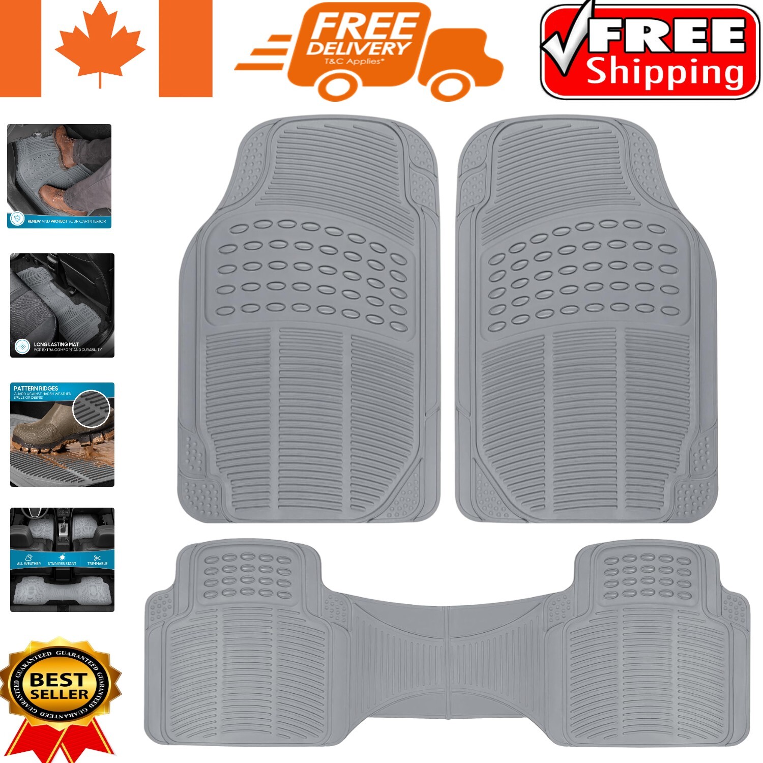 MT783PLUS ProLiner Heavy-Duty Rubber Floor Mats - Universal Fit, Gray, 3 Piece