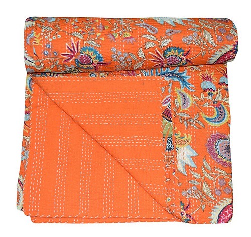 Indian Cotton Block Print Kantha Quilt Handmade Bedspread Blanket Queen Size - Picture 3 of 4