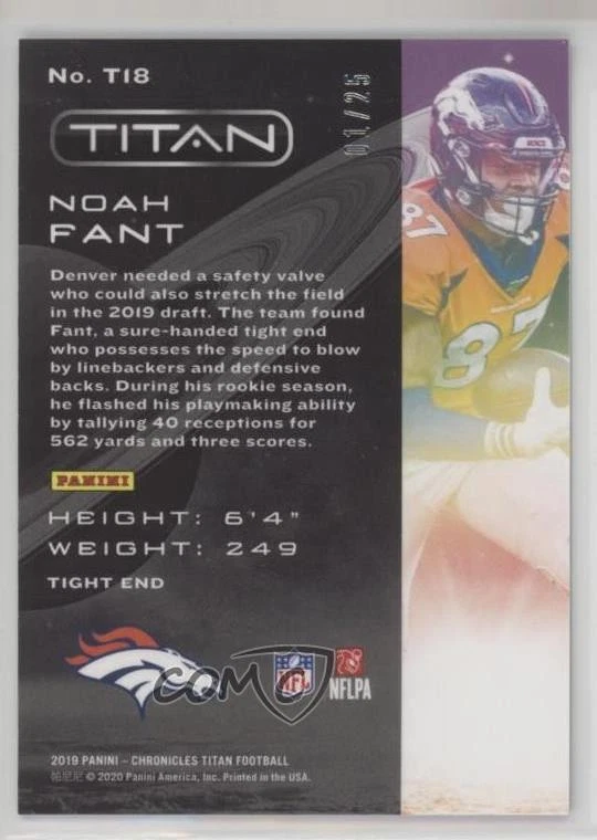 2019 Panini Chronicles Titan Green /25 Noah Fant #T18 Rookie RC - Image 2 of 2