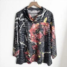 Jess & Jane Top Womens Medium Gray Cowl Neck Artsy Art To Wear Hippie Boho Tunic