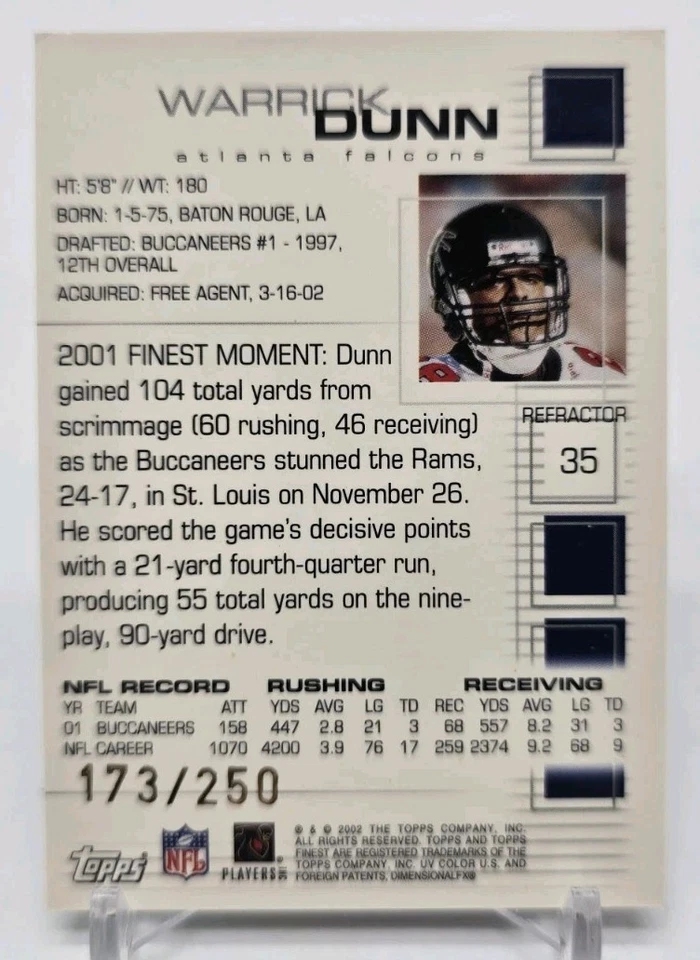 2002 Topps Finest Football WARRICK DUNN Refractor /250 Atlanta Falcons #35 NFL - Image 4 of 4