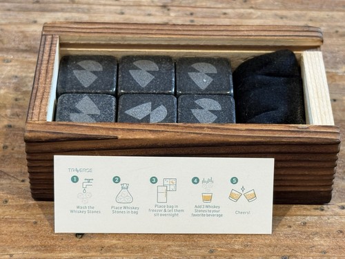 WHISKEY STONES Soapstone SET of 6 w/Bag in Wooden “Merch” Box w/Sliding Lid NEW