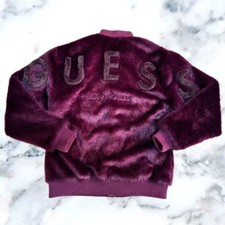 GUESS Faux Fur Logo Flight Jacket Mens Wine F...