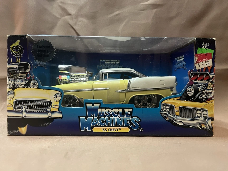 NIB 2004 Muscle Machines Too Cool 1:24 Diecast 1955 Chevy Bel Air Canary Yellow - Image 2 of 4