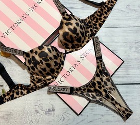 Victoria&rsquo;s Secret Shine Strap Bombshell +2 cups  Push-Up Bra Thong Set Leopard