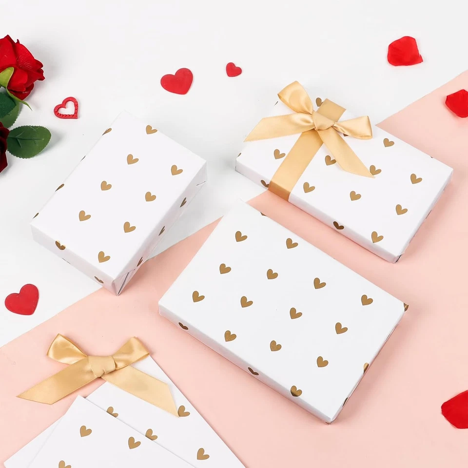 4 Fogli Carta Regalo Cuore Dorati Carta Bianco Decorativa Da Imballaggio Decoraz - Immagine 3 di 4