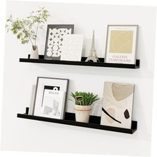 Picture Ledge Shelf, Solid Pine Wood Floating 24"W x 3.5"D, Set of 2 Black