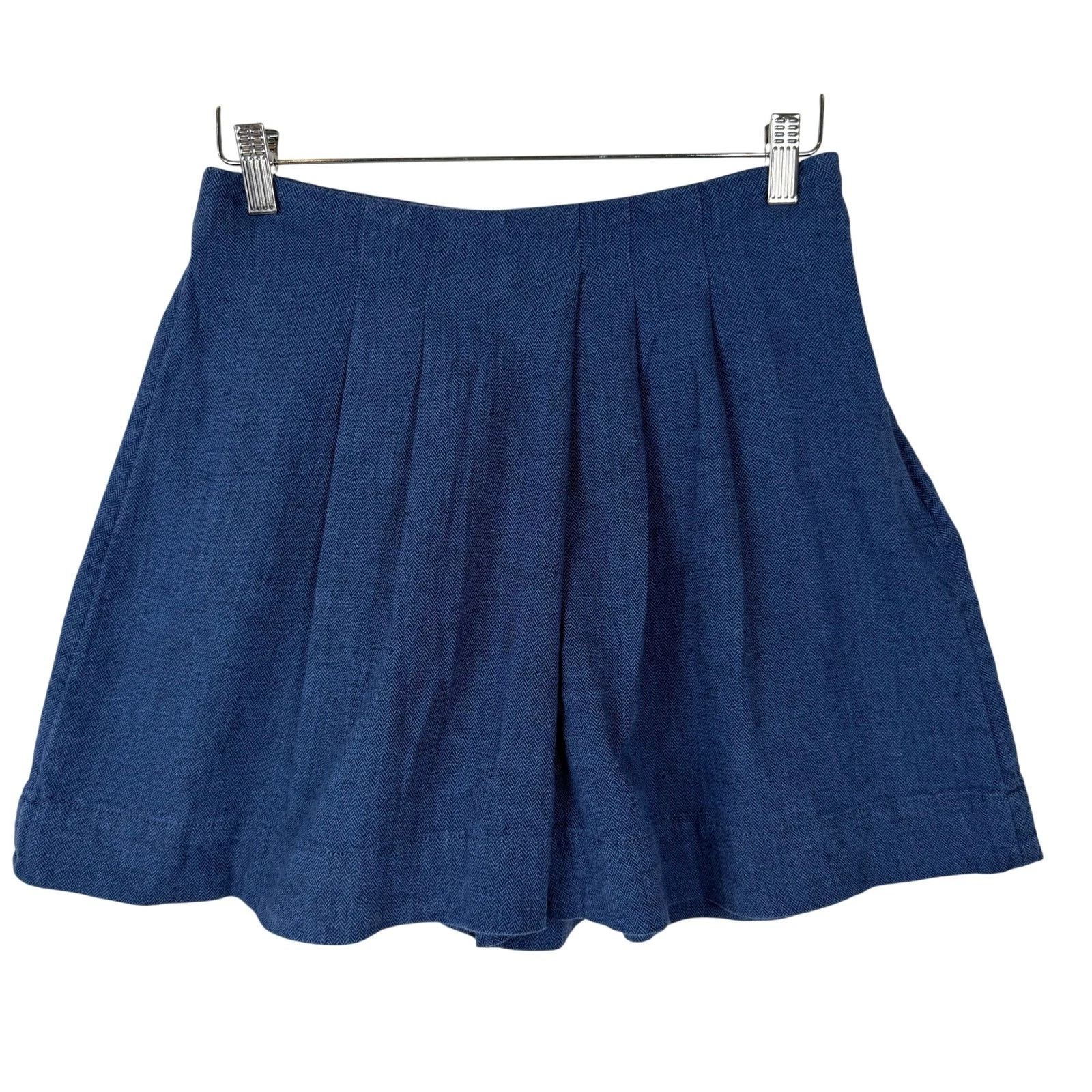Banana Republic Shorts Womens S Blue Herringbone Pleated Linen Blend Wide Leg