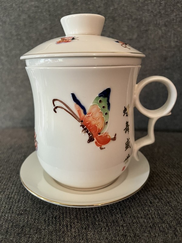 Teavana Enchanted Butterflies Fine Porcelain Tea Cup with Infuser, Lid & Saucer