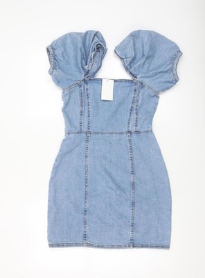 H&M Divided Damen blau Denim Puffärmel Bodycon Kleid Größe 10