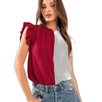 Ces Femme Gameday Elegant Red and White Ruffle Sleeve Blouse SEC Football NWT