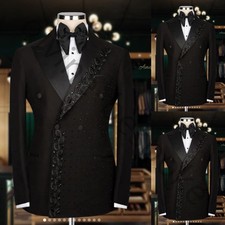Black Beaded Men's Suits Peak Lapel Double Breasted Formal Wedding Groom Tuxedo