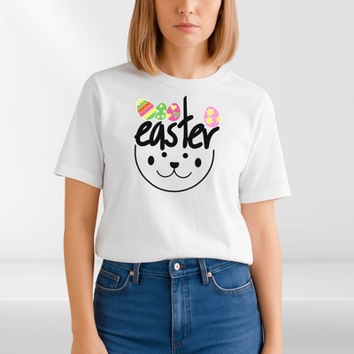 T-Shirt Osterhasengesicht süß Eierdruck weiß Baumwolle Unisex Kinder Erwachsene