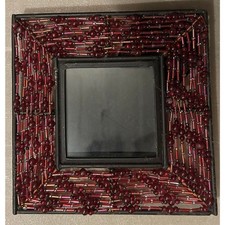 Handmade Beaded Picture Frame   Deep Red Glass Beads, Black Metal Frame