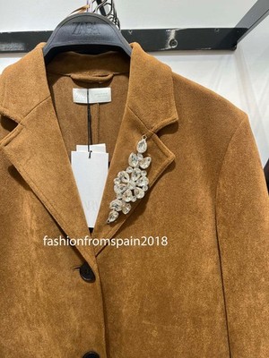 ZARA NEW WOMAN FAUX SUEDE FROCK COAT WITH BROOCH TOBACCO BROWN S