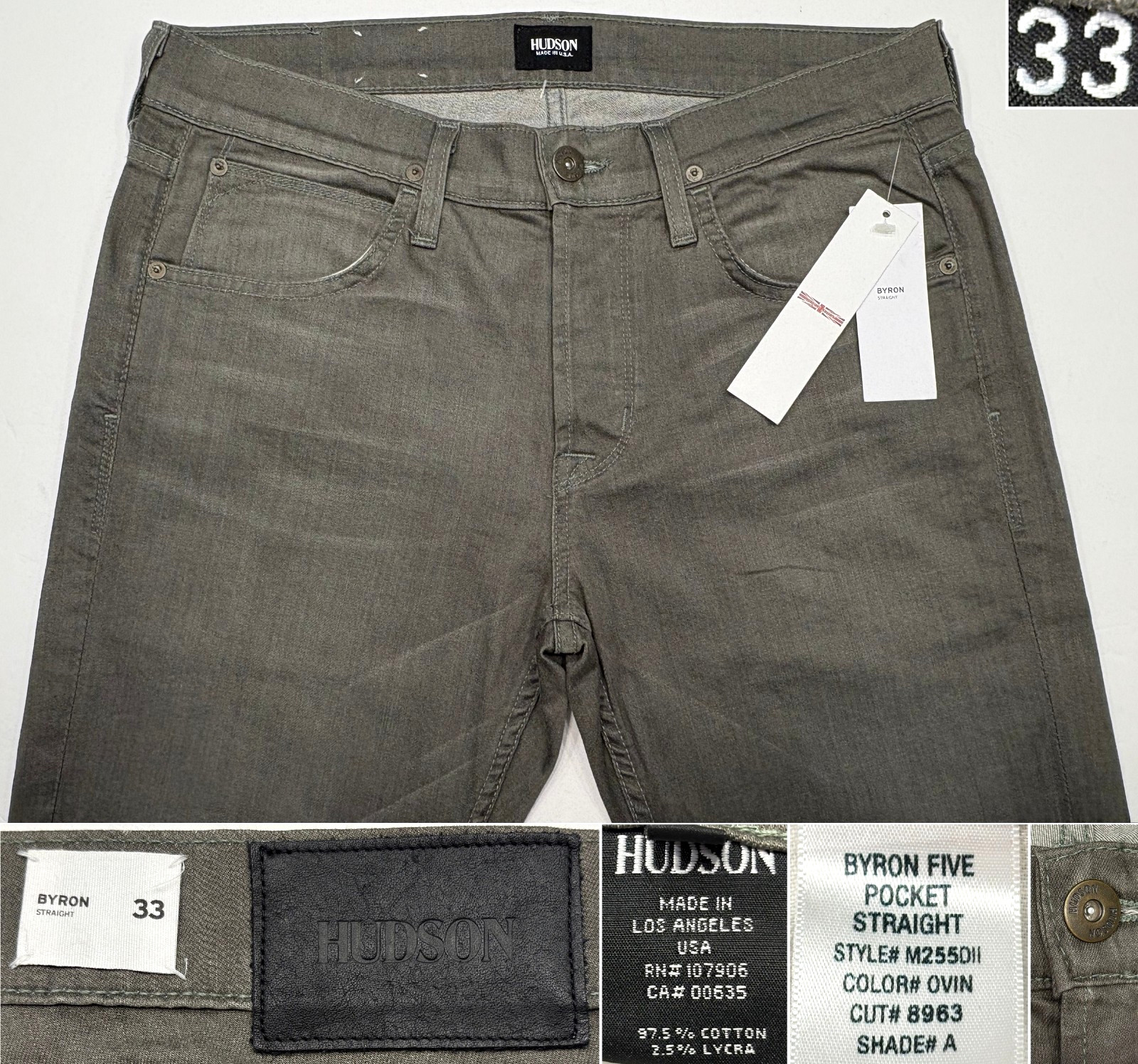 HUDSON BYRON NWT$195 STRAIGHT GREEN JEANS BUTTON FLY 97.5% C