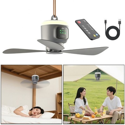 12000mAH USB Ceiling Fans for Camping Home ,w/ Light and Remote Control 3-Speed