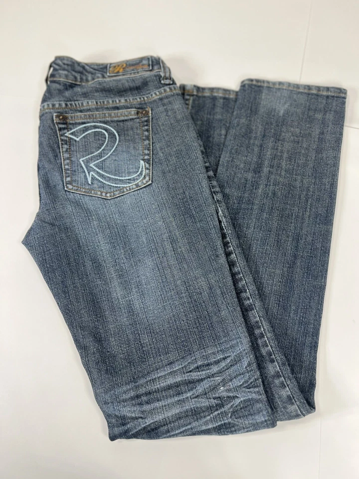 Pantalones de mezclilla REQUEST rectos elásticos tiro bajo para mujer Y2K bordados mangas indie Foto 3 de 4