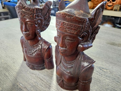 Carved Balinese Bust of Man Woman Pair Bali Wood Carving Sculptures Indonesian - Picture 3 of 20