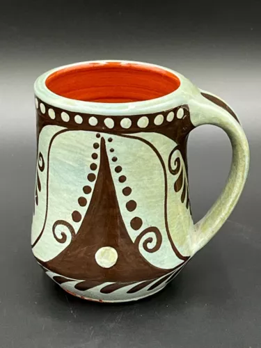 Eldreth Pottery Redware Mug Folk Art Signed Hand Painted Cup 2001