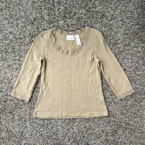 LIZ CLAIBORNE hellbraune Spitzenbesatzbluse 3/4-Ärmel Damengröße Small