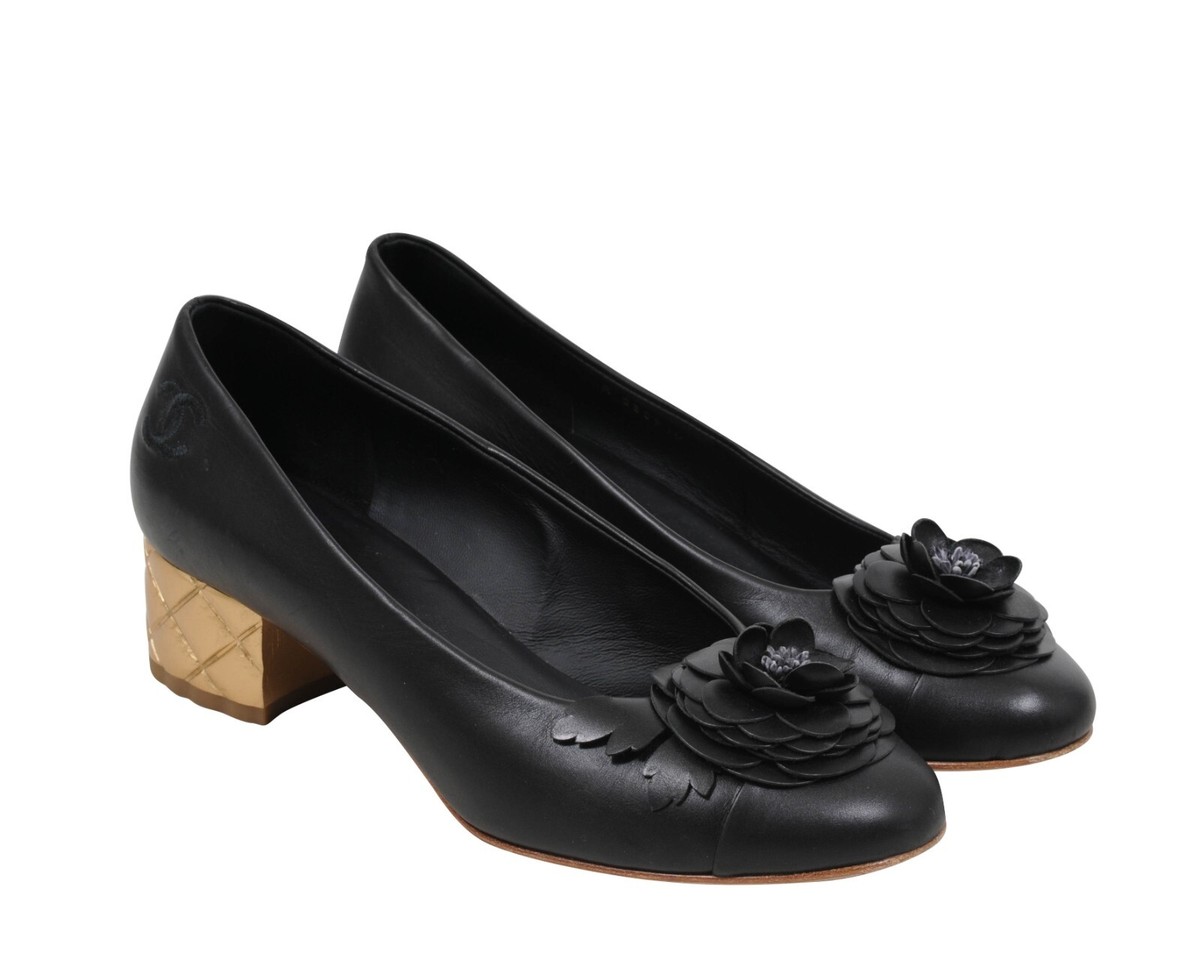 Chanel Women Camellia Ballet Pumps US 38 Black Leather Flower