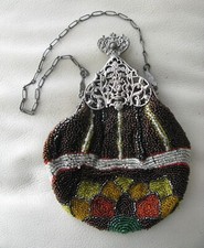 Antique Victorian Silver Filigree Frame Brown Multi Floral Bead Puffy Purse