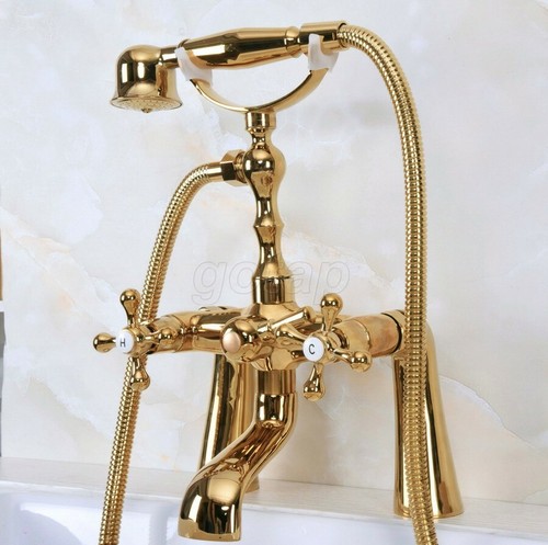 Gold Color Brass Deck Mount Bathroom Clawfoot Tub Faucet Set with Hand Shower - Picture 8 of 8