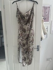 Brown Cream Floral Satin Dress Size 6 Prettylittlething