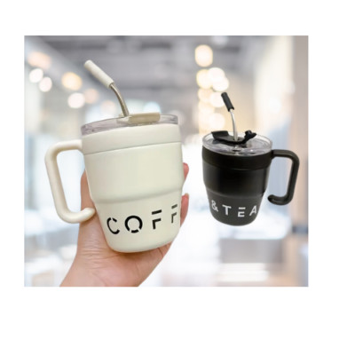16 Unzen Edelstahl Thermo Kaffeebecher mit Strohhalm Deckel Becher Heiß Kalt Getränk