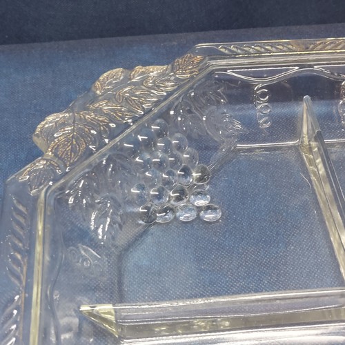 Vintage Jeannette Glass Divided Tray Platter Gold Trim Plus Serving Spoon/Fork - Picture 3 of 6