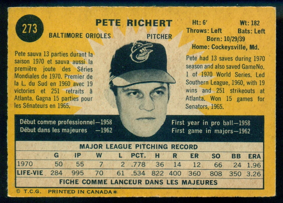 1971 TOPPS  OPC O PEE CHEE BASEBALL #273 PETE RICHERT EX-NM BALTIMORE ORIOLES - Image 2 of 2