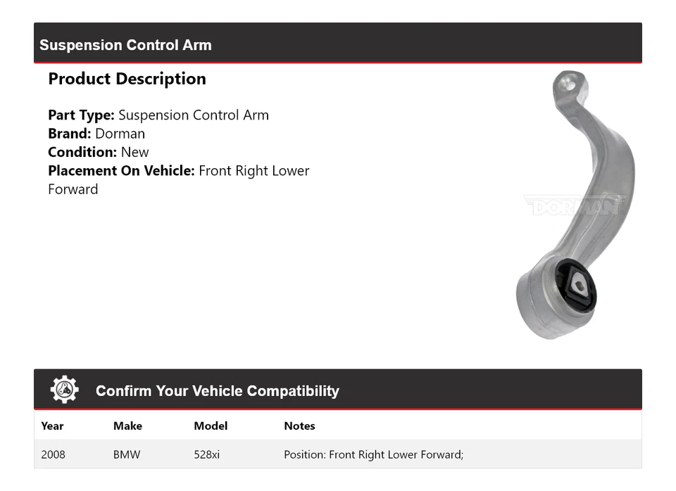 Brazo de control de suspensión delantero derecho inferior delantero para BMW 528xi Dorman 2008 Foto 2 de 4