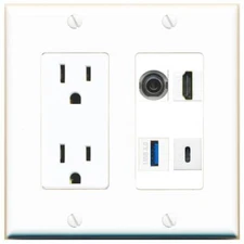 3-5MM HD USB-3 USBC Port Wall Plate w/Power Outlet White