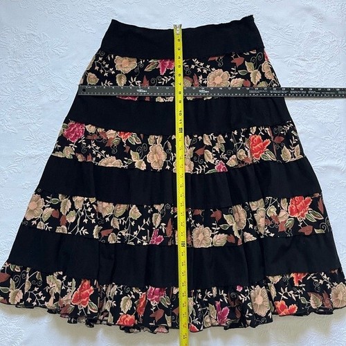 Vintage Willi Smith Tiered Floral Black Cotton Corduroy Midi Skirt Size 12 - Picture 8 of 12