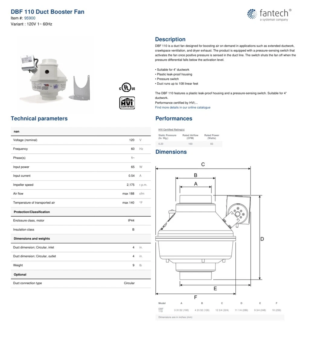 Fantech DBF110 Dryer Booster Fan 4 Duct 167 CFM