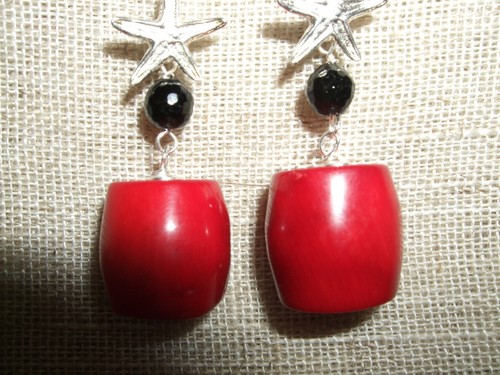 ORECCHINI PENDENTI TORMALINA NERA BAMBOO BAMBU' CORALLO ROSSO ARGENTO 925 SILVER - Imagen 5 de 6