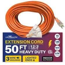50ft Power Outdoor Extension Cord & Indoor - Waterproof Electric Drop Cord Cable
