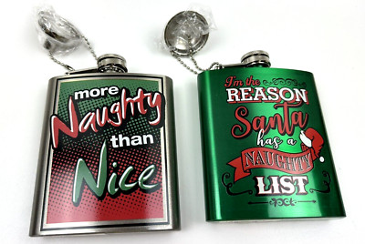 (2) Spoontiques Christmas Naughty Nice Santa List 7oz  Metal Flask minor scratch